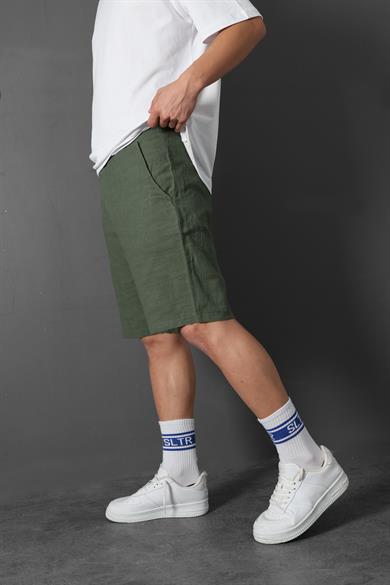 Erkek Haki Dokulu Keten Şort
