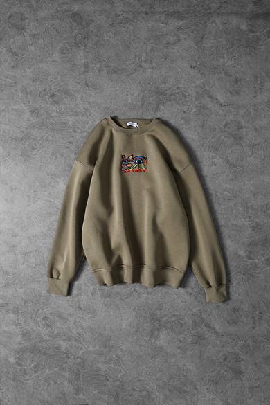 Erkek Haki Eye Of Ra Nakış İşlemeli Oversize Sweatshirt
