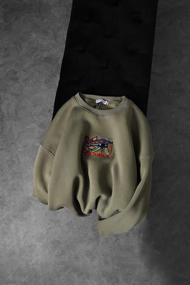 Erkek Haki Eye Of Ra Nakış İşlemeli Oversize Sweatshirt