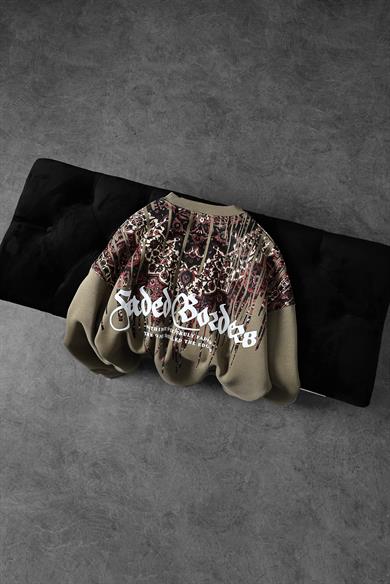 Erkek Haki Faded Borders Yaka Baskılı Bisiklet Yaka Oversize Sweatshirt