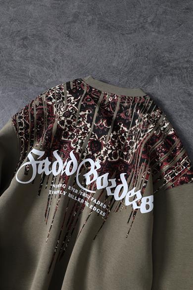 Erkek Haki Faded Borders Yaka Baskılı Bisiklet Yaka Oversize Sweatshirt