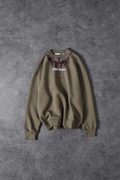 Erkek Haki Faded Borders Yaka Baskılı Bisiklet Yaka Oversize Sweatshirt