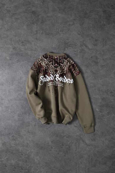 Erkek Haki Faded Borders Yaka Baskılı Bisiklet Yaka Oversize Sweatshirt