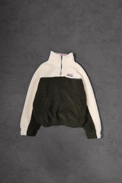 Erkek Haki Garnili Full Zip Peluş Sweatshirt