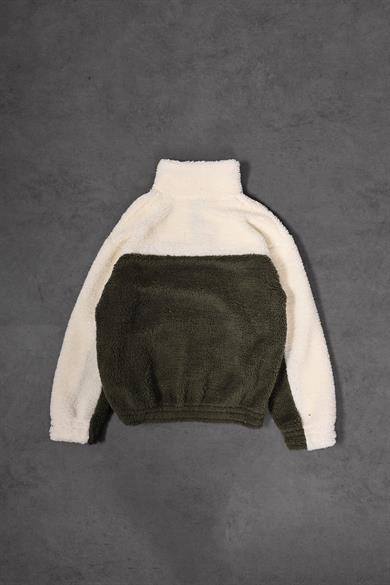 Erkek Haki Garnili Full Zip Peluş Sweatshirt