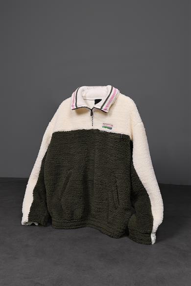 Erkek Haki Garnili Full Zip Peluş Sweatshirt