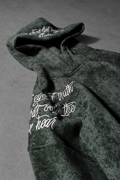 Erkek Haki İllusion Nakışlı Patchli Yıkamalı Oversize Kapüşonlu Sweatshirt