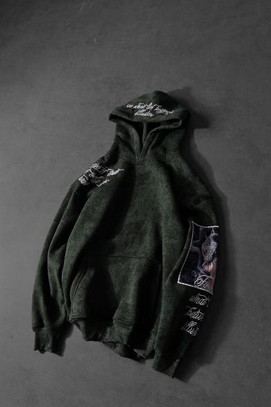 Erkek Haki İllusion Nakışlı Patchli Yıkamalı Oversize Kapüşonlu Sweatshirt