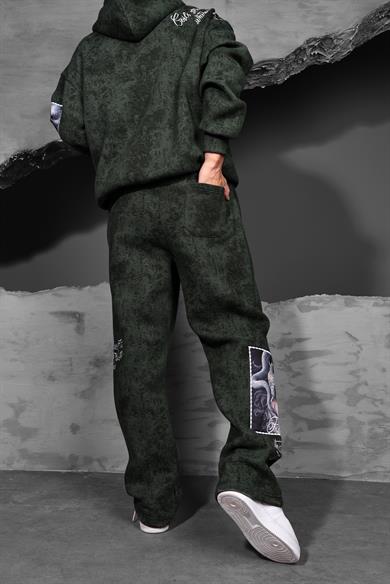 Erkek Haki İllusion Nakışlı Patchli Yıkamalı Baggy Eşofman