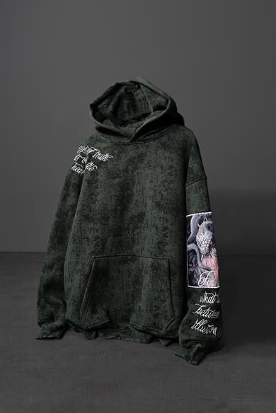 Erkek Haki İllusion Nakışlı Patchli Yıkamalı Oversize Kapüşonlu Sweatshirt