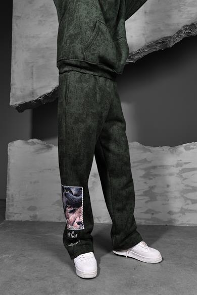 Erkek Haki İllusion Nakışlı Patchli Yıkamalı Baggy Eşofman
