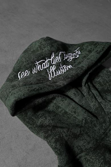 Erkek Haki İllusion Nakışlı Patchli Yıkamalı Oversize Kapüşonlu Sweatshirt