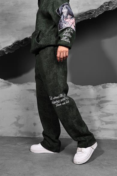 Erkek Haki İllusion Nakışlı Patchli Yıkamalı Baggy Eşofman