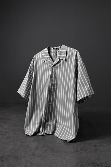 Erkek Haki Kalın Çizgili Oversize Kısa Kollu Gömlek