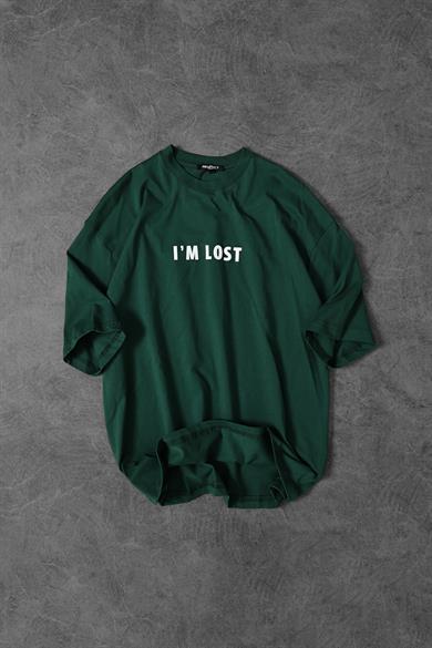 Erkek Haki Lost Kabartma Baskılı Oversize Tshirt