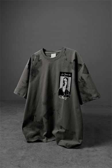 Erkek Haki Mini Patchli Bulut Efektli Oversize Tshirt