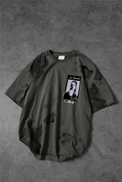 Erkek Haki Mini Patchli Bulut Efektli Oversize Tshirt