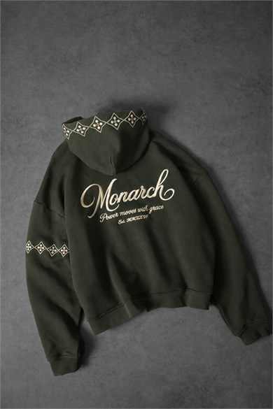 Erkek Haki Monarch Nakışlı Oversize Full Zip Hoodie