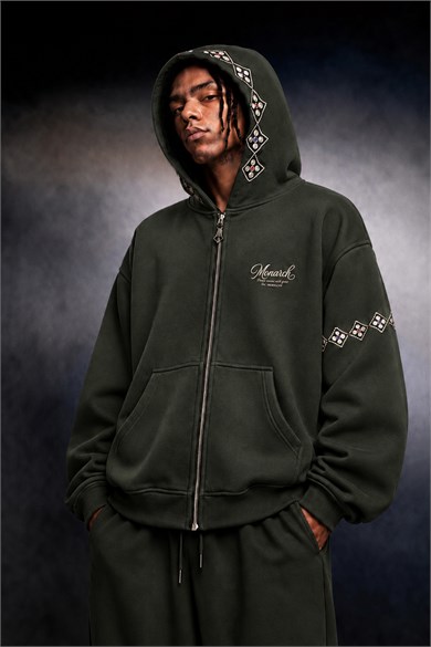 Erkek Haki Monarch Nakışlı Oversize Full Zip Hoodie