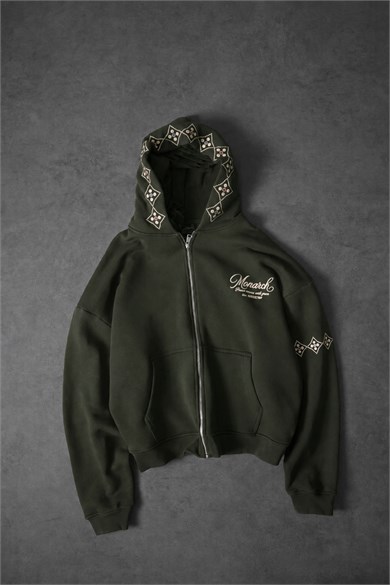 Erkek Haki Monarch Nakışlı Oversize Full Zip Hoodie