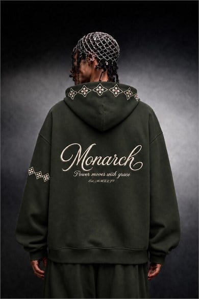 Erkek Haki Monarch Nakışlı Oversize Full Zip Hoodie