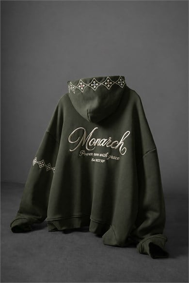 Erkek Haki Monarch Nakışlı Oversize Full Zip Hoodie