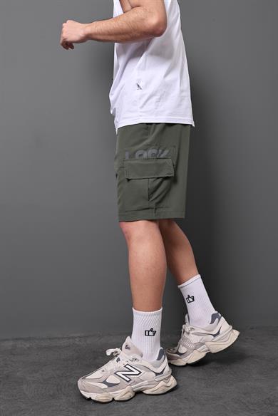 Erkek Haki Reflektör Baskı Paraşüt Kumaş Şort