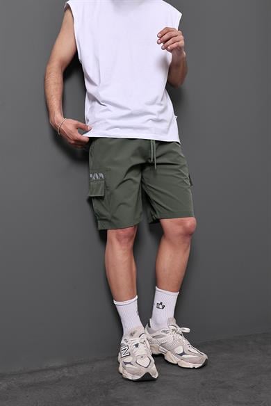 Erkek Haki Reflektör Baskı Paraşüt Kumaş Şort