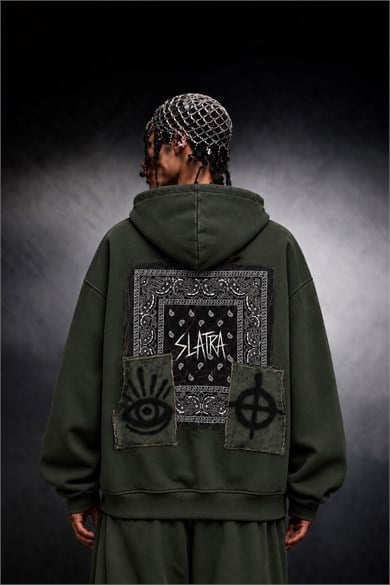 Erkek Haki Relic Patch Detay Oversize Hoodie
