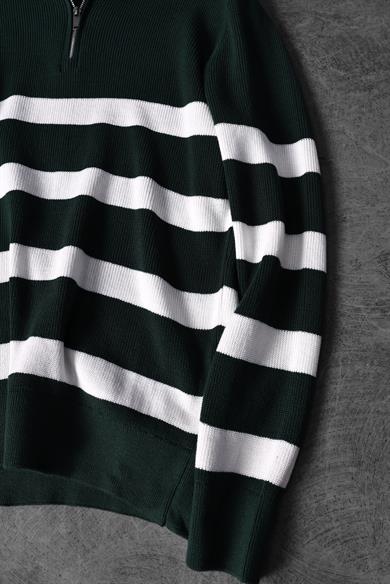 Erkek Haki Şeritli Yarım Fermuar Oversize Triko Kazak