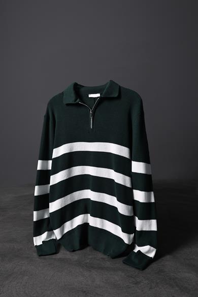 Erkek Haki Şeritli Yarım Fermuar Oversize Triko Kazak