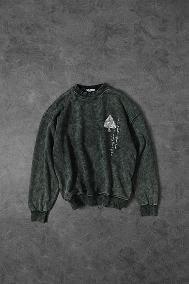 Erkek Haki Spades Yıkamalı Bisiklet Yaka Oversize Sweatshirt