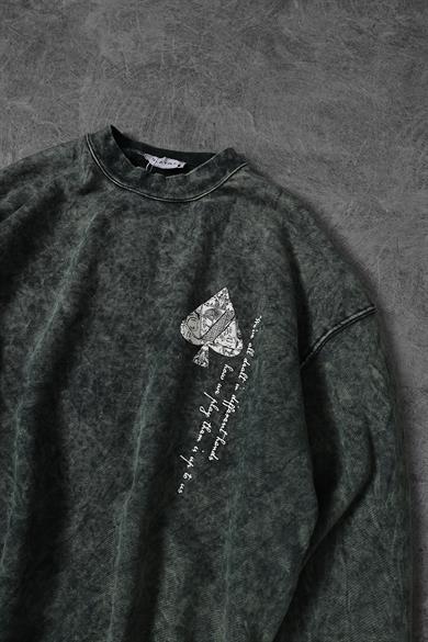 Erkek Haki Spades Yıkamalı Bisiklet Yaka Oversize Sweatshirt
