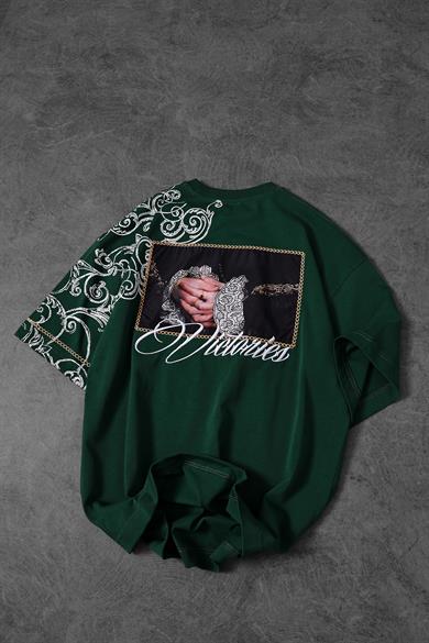 Erkek Haki Victories Patch Nakışlı Oversize Tshirt