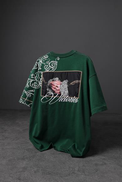 Erkek Haki Victories Patch Nakışlı Oversize Tshirt