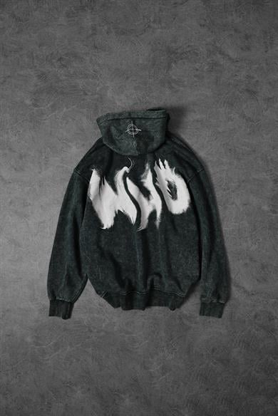 Erkek Haki Who Baskılı Yıkamalı Kapüşonlu Oversize Sweatshirt