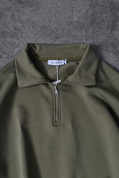 Erkek Haki Yarım Fermuar Diagonel Kumaş Oversize Sweatshirt
