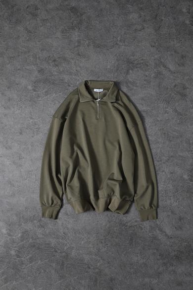 Erkek Haki Yarım Fermuar Diagonel Kumaş Oversize Sweatshirt
