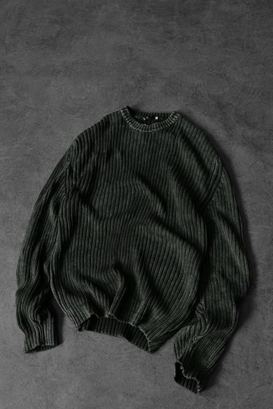 Erkek Haki Yıkamalı Fitilli Yün Karışımlı Bisiklet Yaka Oversize Kazak
