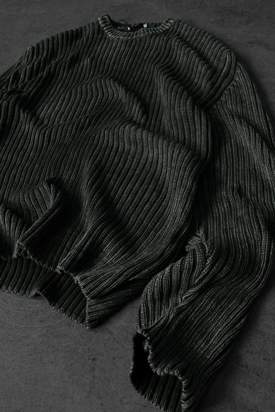 Erkek Haki Yıkamalı Fitilli Yün Karışımlı Bisiklet Yaka Oversize Kazak