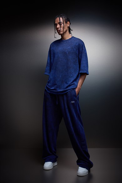 Erkek İndigo Basic Yıkama Efektli Baggy Eşofman