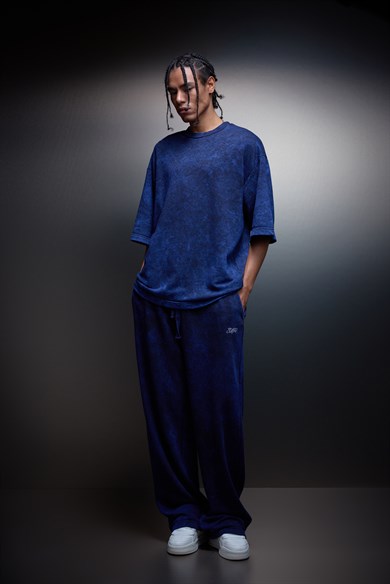 Erkek İndigo Basic Yıkama Efektli Baggy Eşofman