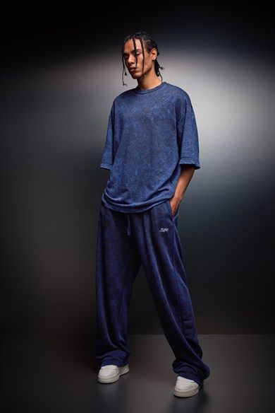 Erkek İndigo Basic Yıkama Efektli Baggy Eşofman