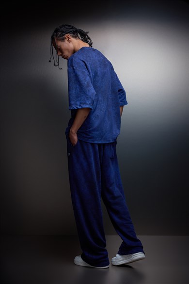 Erkek İndigo Basic Yıkama Efektli Baggy Eşofman