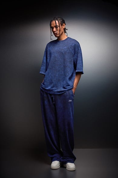 Erkek İndigo Basic Yıkama Efektli Baggy Eşofman