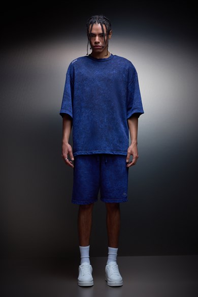 Erkek İndigo Basic Yıkama Efektli Diz Üstü Şort