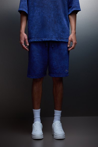 Erkek İndigo Basic Yıkama Efektli Diz Üstü Şort