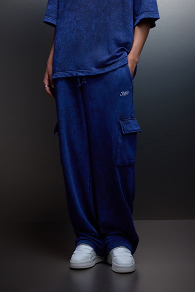 Erkek İndigo Basic Yıkama Efektli Kargo Cepli Baggy Eşofman