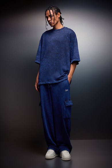 Erkek İndigo Basic Yıkama Efektli Kargo Cepli Baggy Eşofman