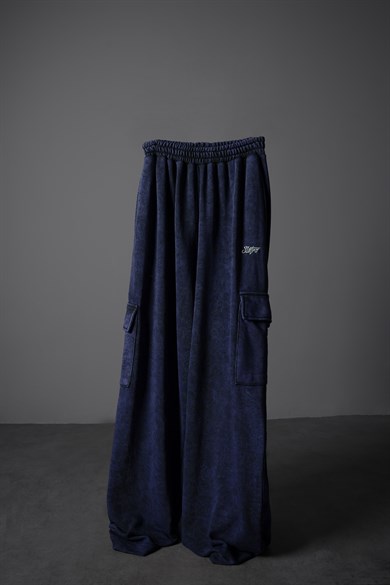 Erkek İndigo Basic Yıkama Efektli Kargo Cepli Baggy Eşofman